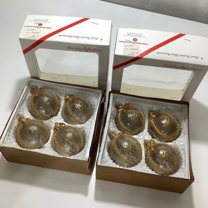 VGT 8 gold ribbons & glitter Hand painted Glass Ornaments EUC